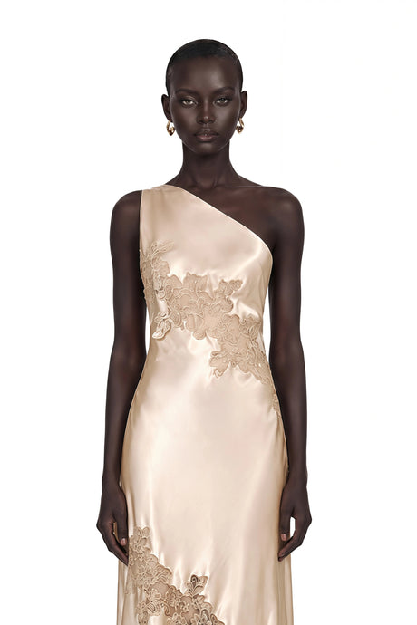 Lauretta Maxi Dress Champagne Satin with Lace Panels