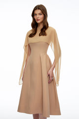 Rebecca Midi Dress Neutral Pleated with Cape