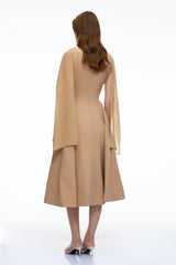 Rebecca Midi Dress Neutral Pleated with Cape
