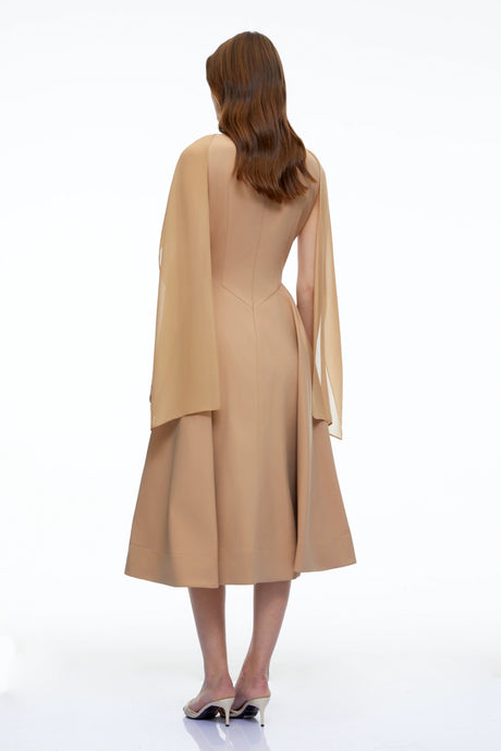 Rebecca Midi Dress Neutral Pleated with Cape