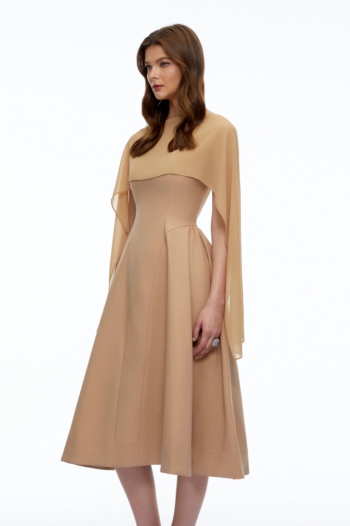 Rebecca Midi Dress Neutral Pleated with Cape