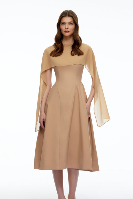 Rebecca Midi Dress Neutral Pleated with Cape