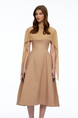 Rebecca Midi Dress Neutral Pleated with Cape