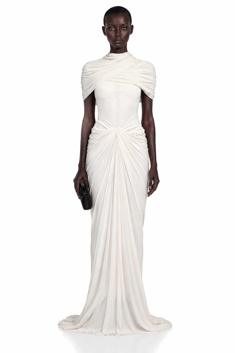 Gelsomina Maxi Dress White Ruched with Cape Sleeves
