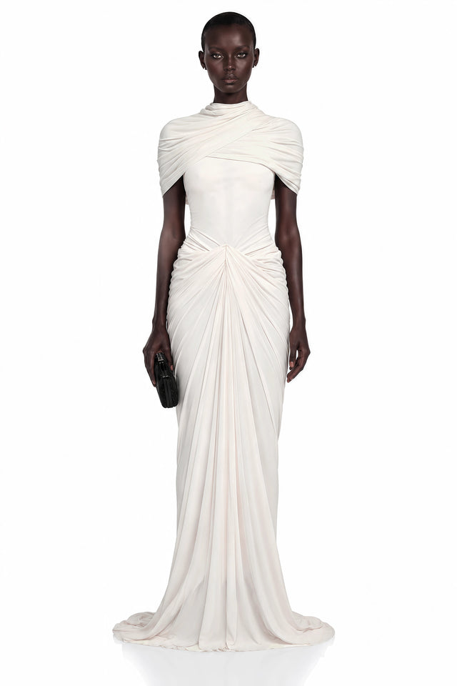 Gelsomina Maxi Dress White Ruched with Cape Sleeves