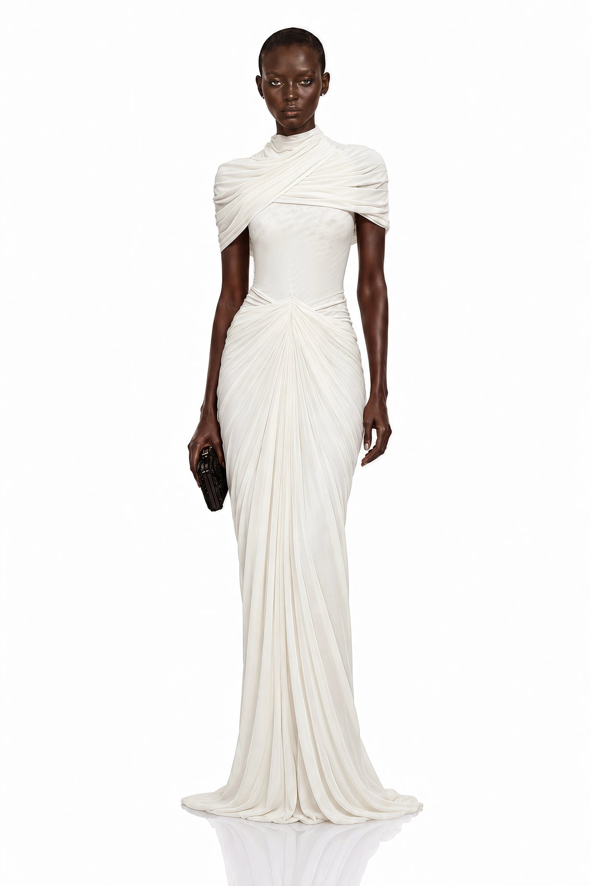 Gelsomina Maxi Dress White Ruched with Cape Sleeves