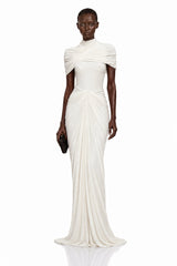 Gelsomina Maxi Dress White Ruched with Cape Sleeves