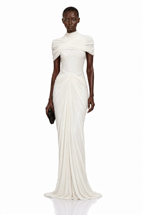 Gelsomina Maxi Dress White Ruched with Cape Sleeves