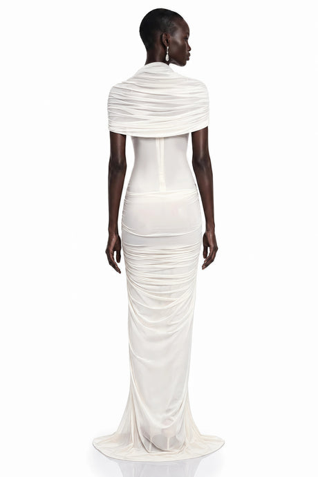 Gelsomina Maxi Dress White Ruched with Cape Sleeves