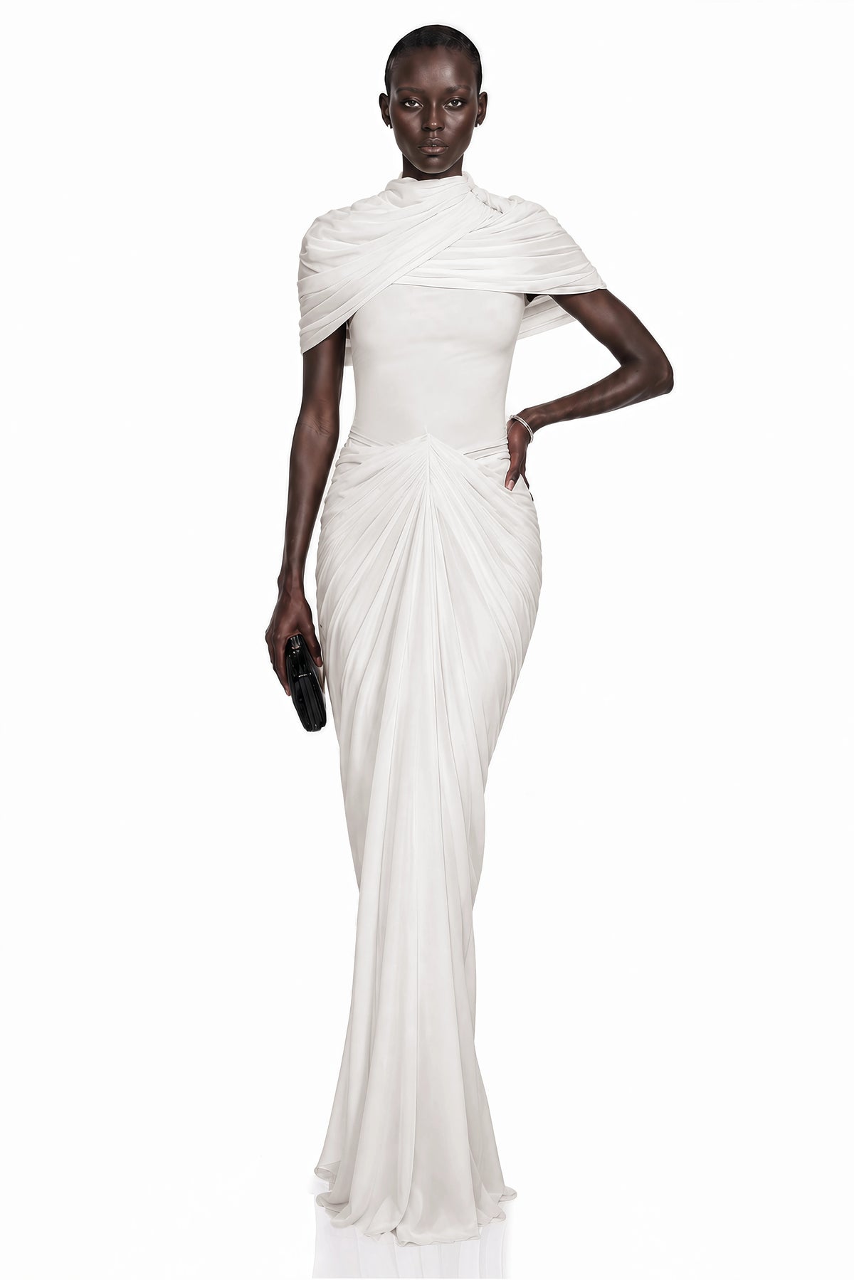 Gelsomina Maxi Dress White Ruched with Cape Sleeves