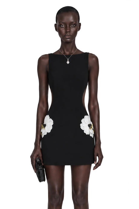 Mariuccia Mini Dress Black Embellished Floral Cut-Out