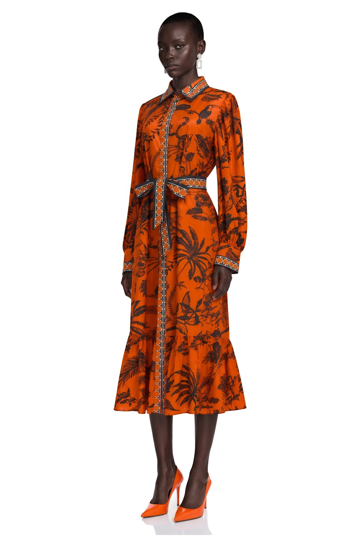 Lacey Midi Dress Orange Printed Long Sleeve