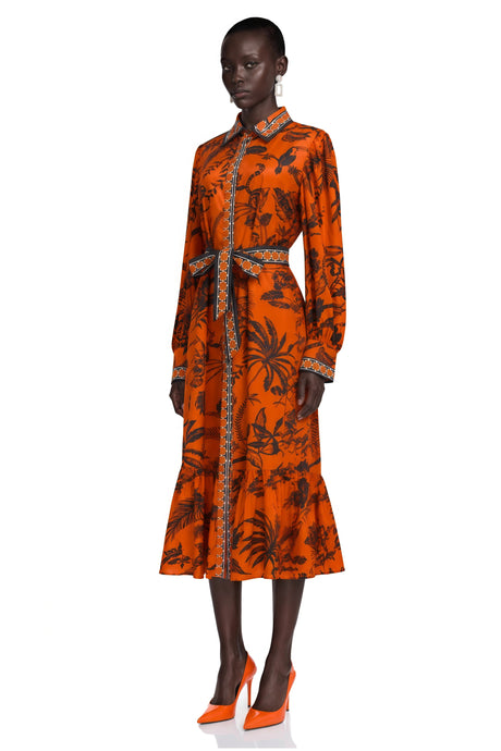 Lacey Midi Dress Orange Printed Long Sleeve