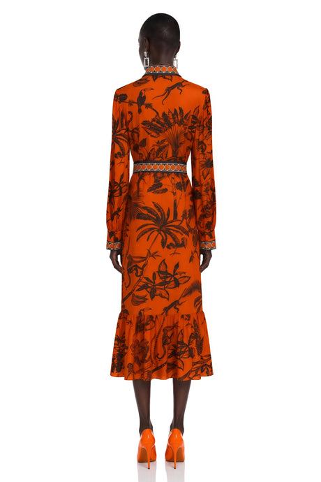 Lacey Midi Dress Orange Printed Long Sleeve