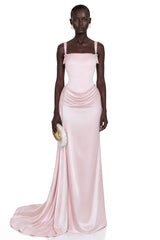 Sara Maxi Dress Pink Ruched with Bow Straps