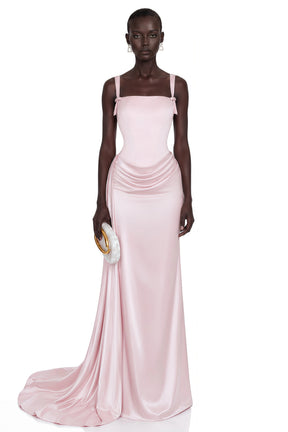 Sara Maxi Dress Pink Ruched with Bow Straps