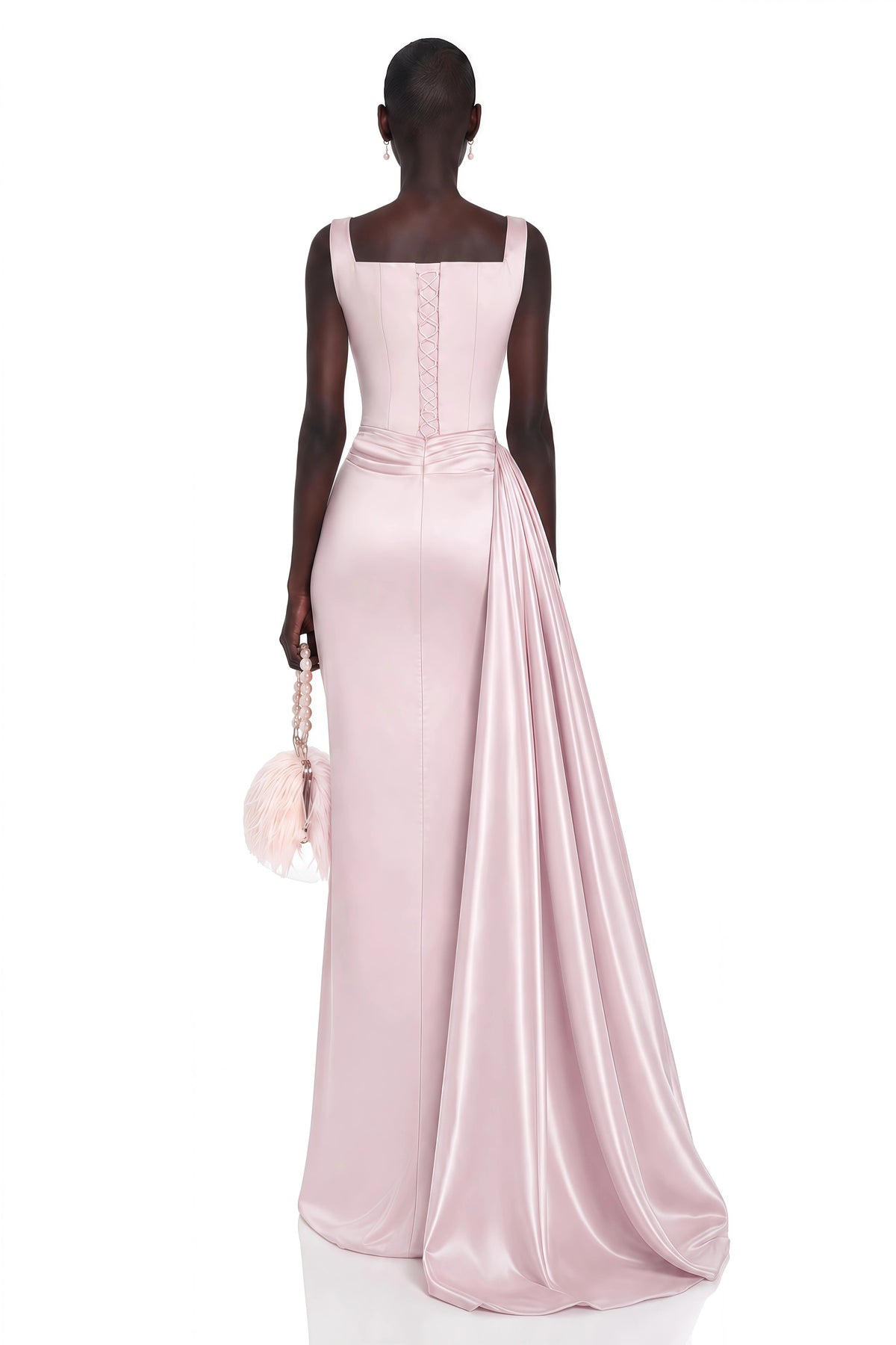 Sara Maxi Dress Pink Ruched with Bow Straps
