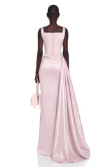 Sara Maxi Dress Pink Ruched with Bow Straps