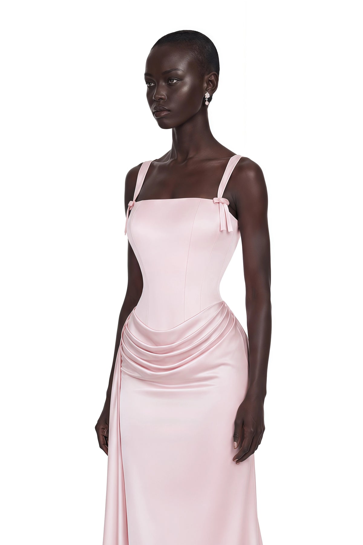 Sara Maxi Dress Pink Ruched with Bow Straps