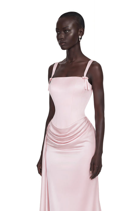 Sara Maxi Dress Pink Ruched with Bow Straps