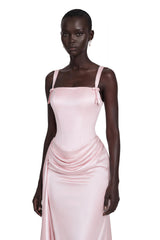 Sara Maxi Dress Pink Ruched with Bow Straps