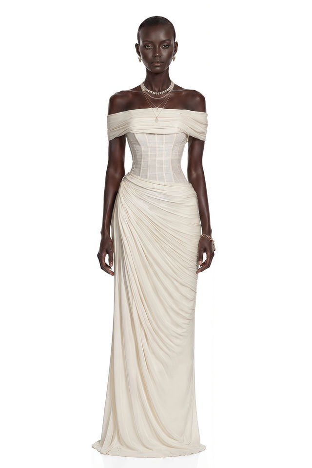 Giovannella Maxi Dress White Off Shoulder Ruched Corset