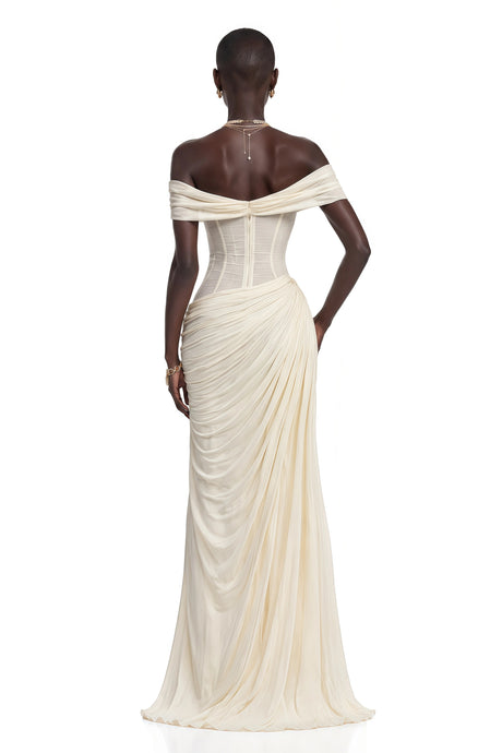 Giovannella Maxi Dress White Off Shoulder Ruched Corset