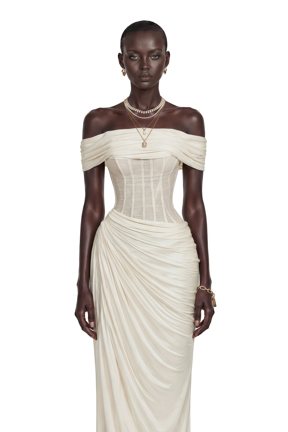 Giovannella Maxi Dress White Off Shoulder Ruched Corset
