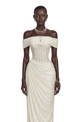 Giovannella Maxi Dress White Off Shoulder Ruched Corset