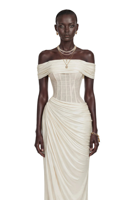 Giovannella Maxi Dress White Off Shoulder Ruched Corset