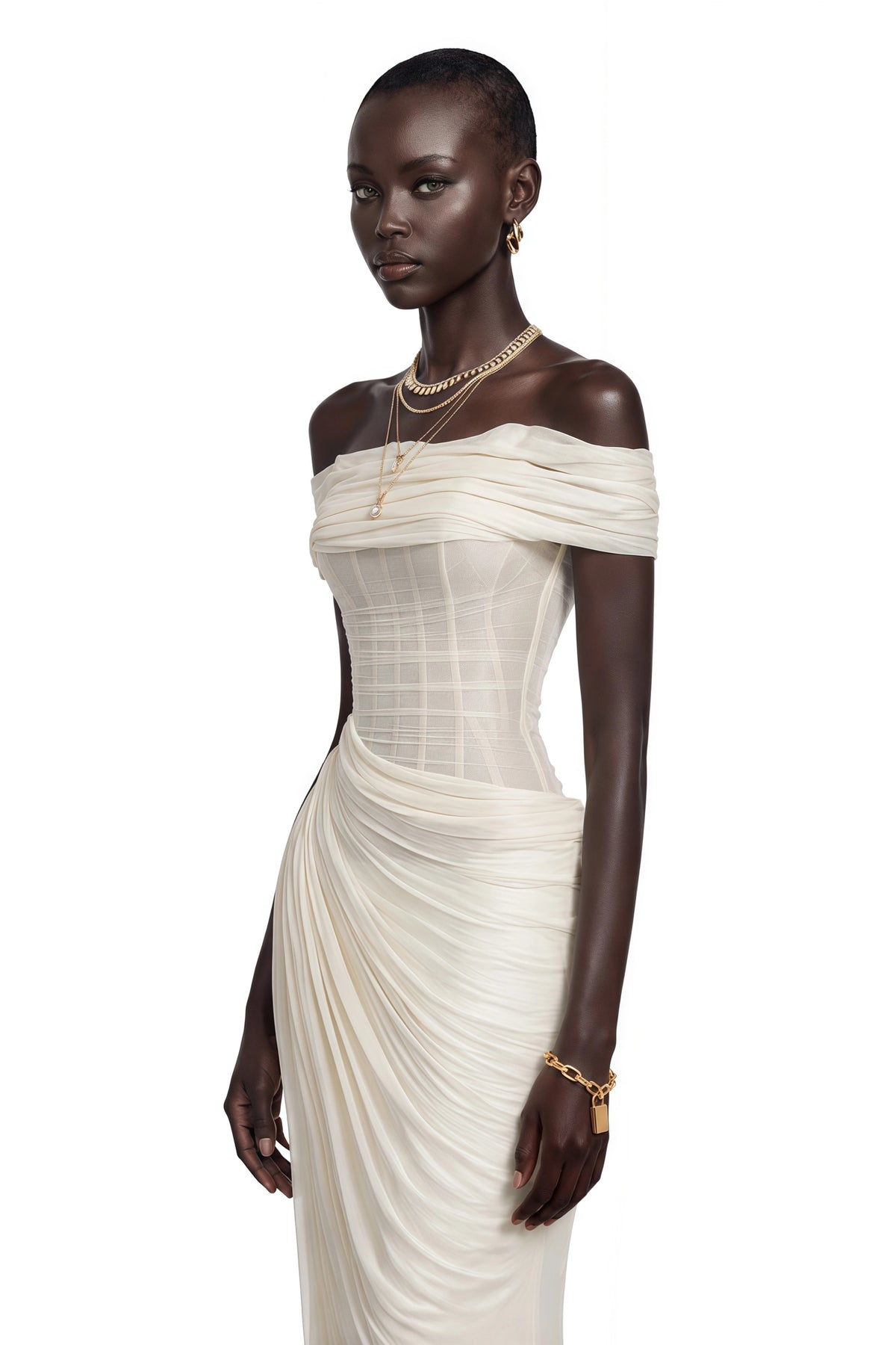 Giovannella Maxi Dress White Off Shoulder Ruched Corset