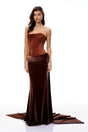 Amabile Brown Strapless Velvet Corset Maxi Gown