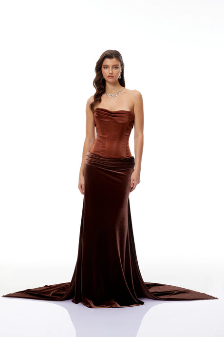 Amabile Brown Strapless Velvet Corset Maxi Gown