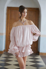 Cassandra Mini Dress Pink Glossy Pleated Tiered