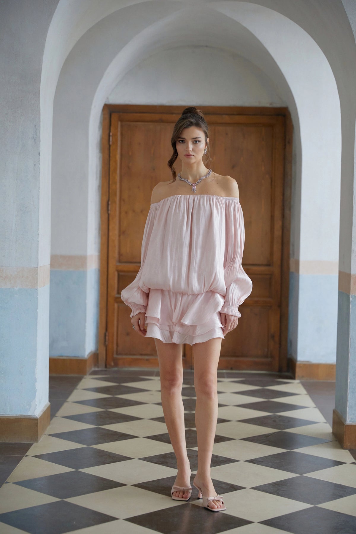 Cassandra Mini Dress Pink Glossy Pleated Tiered