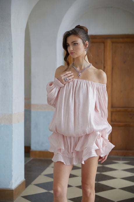 Cassandra Mini Dress Pink Glossy Pleated Tiered