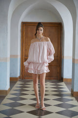 Cassandra Mini Dress Pink Glossy Pleated Tiered