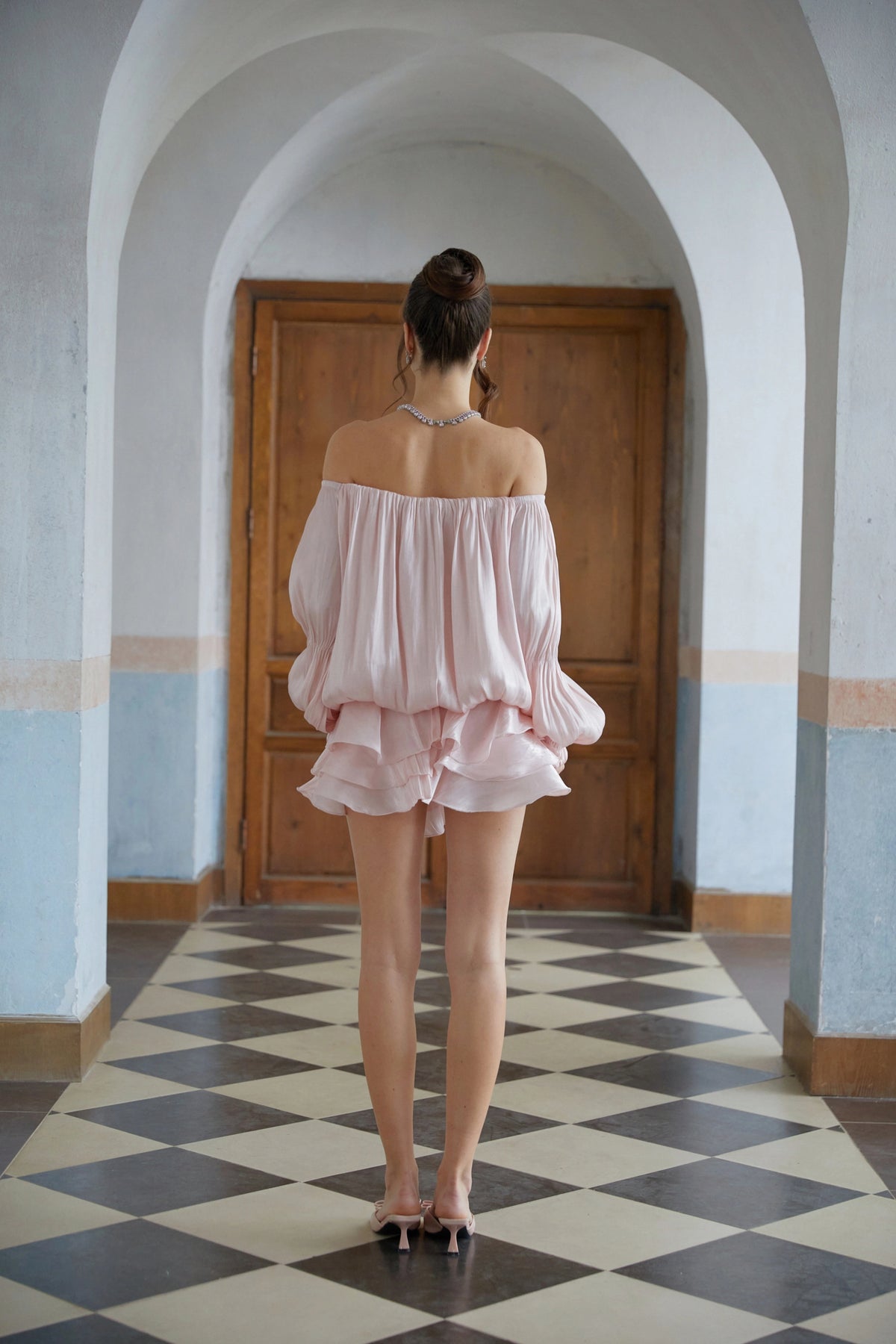 Cassandra Mini Dress Pink Glossy Pleated Tiered