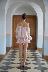 Cassandra Mini Dress Pink Glossy Pleated Tiered