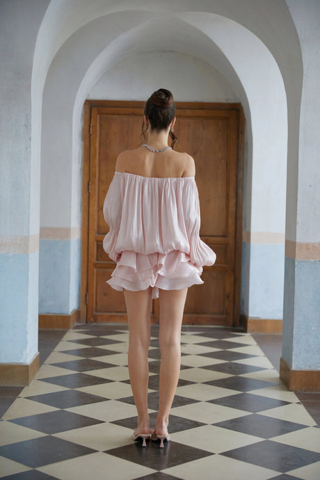 Cassandra Mini Dress Pink Glossy Pleated Tiered