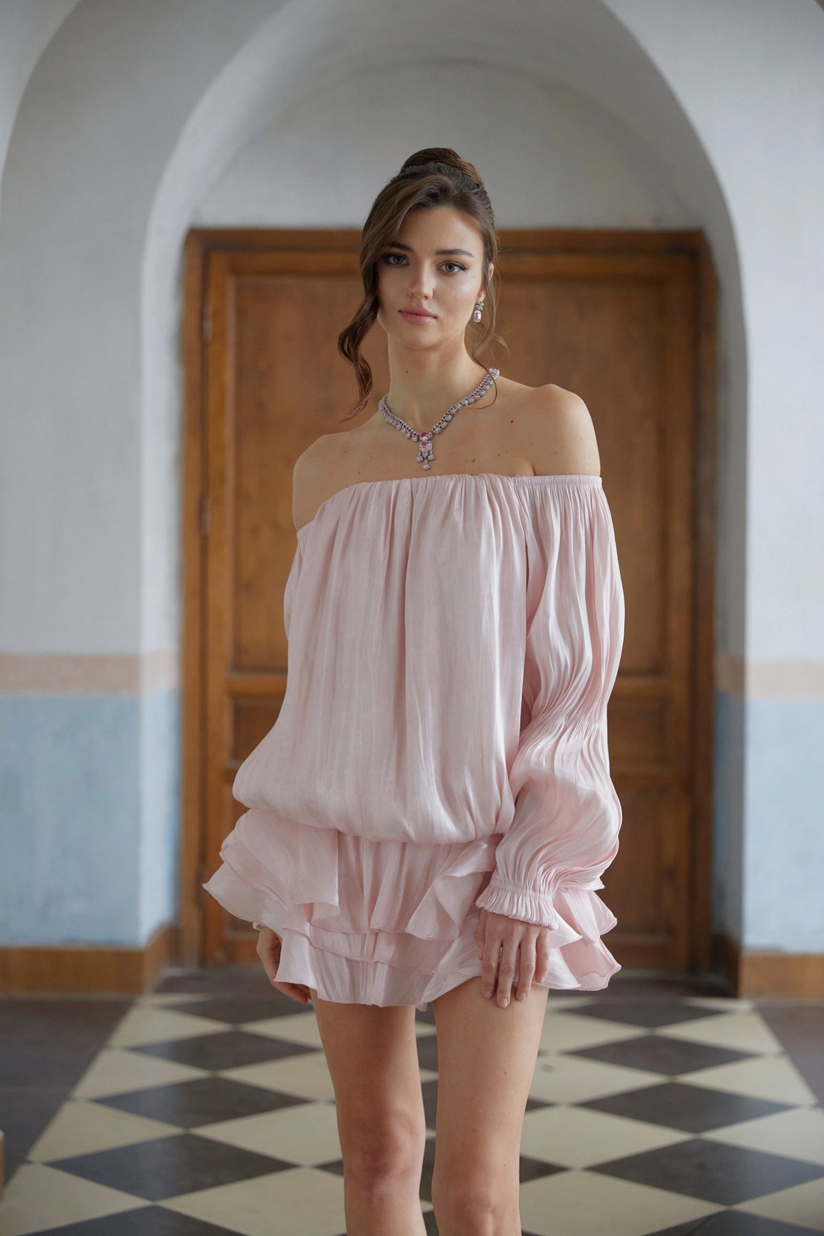 Cassandra Mini Dress Pink Glossy Pleated Tiered