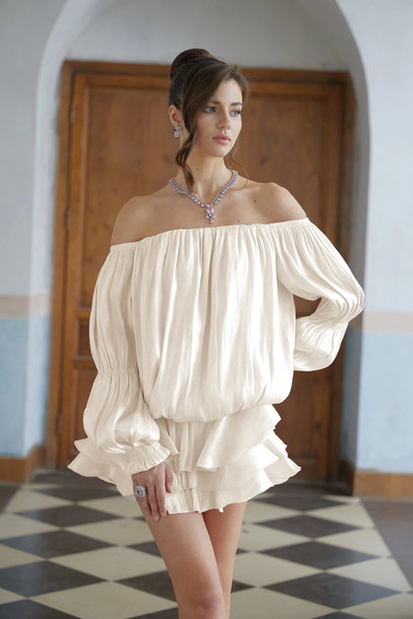 Lorelai Mini Dress White Glossy Pleated Tiered