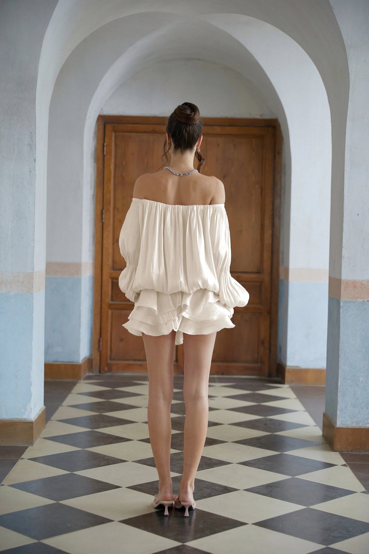 Lorelai Mini Dress White Glossy Pleated Tiered