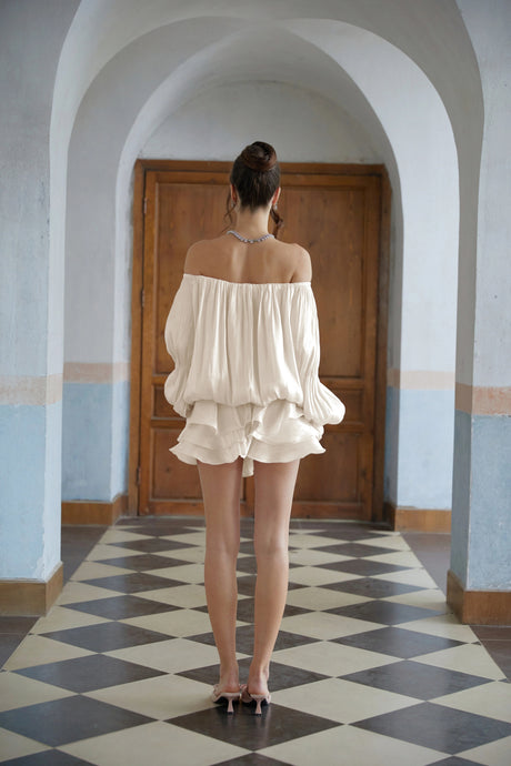 Lorelai Mini Dress White Glossy Pleated Tiered