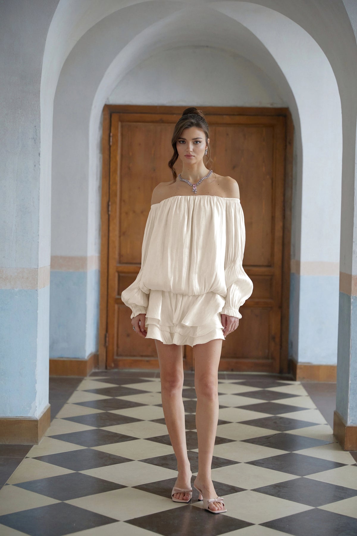 Lorelai Mini Dress White Glossy Pleated Tiered