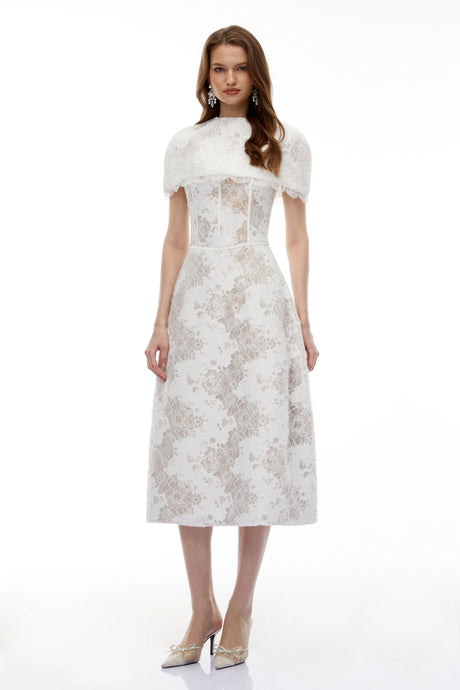 Brynn Midi Dress White Floral Lace with Cape