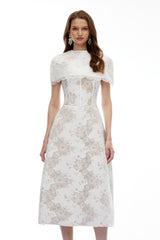 Brynn Midi Dress White Floral Lace with Cape