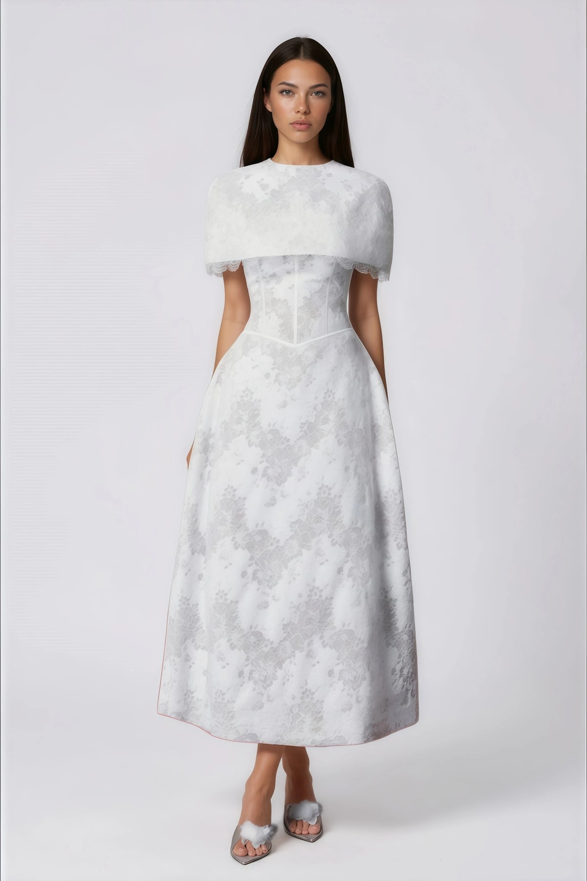 Brynn Midi Dress White Floral Lace with Cape