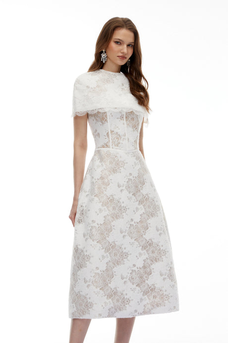 Brynn Midi Dress White Floral Lace with Cape