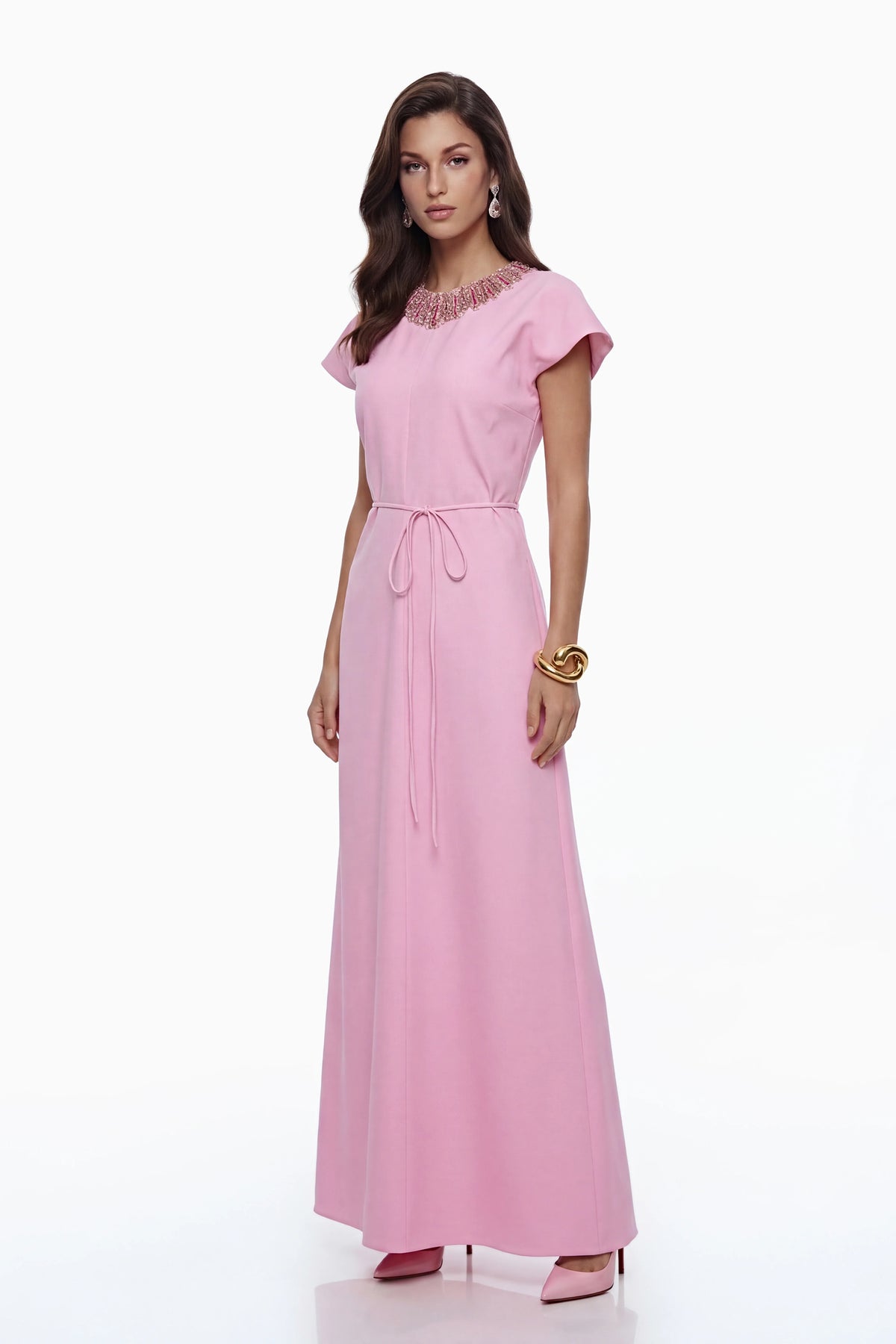 Egle Maxi Dress Pink Crystal Embellished